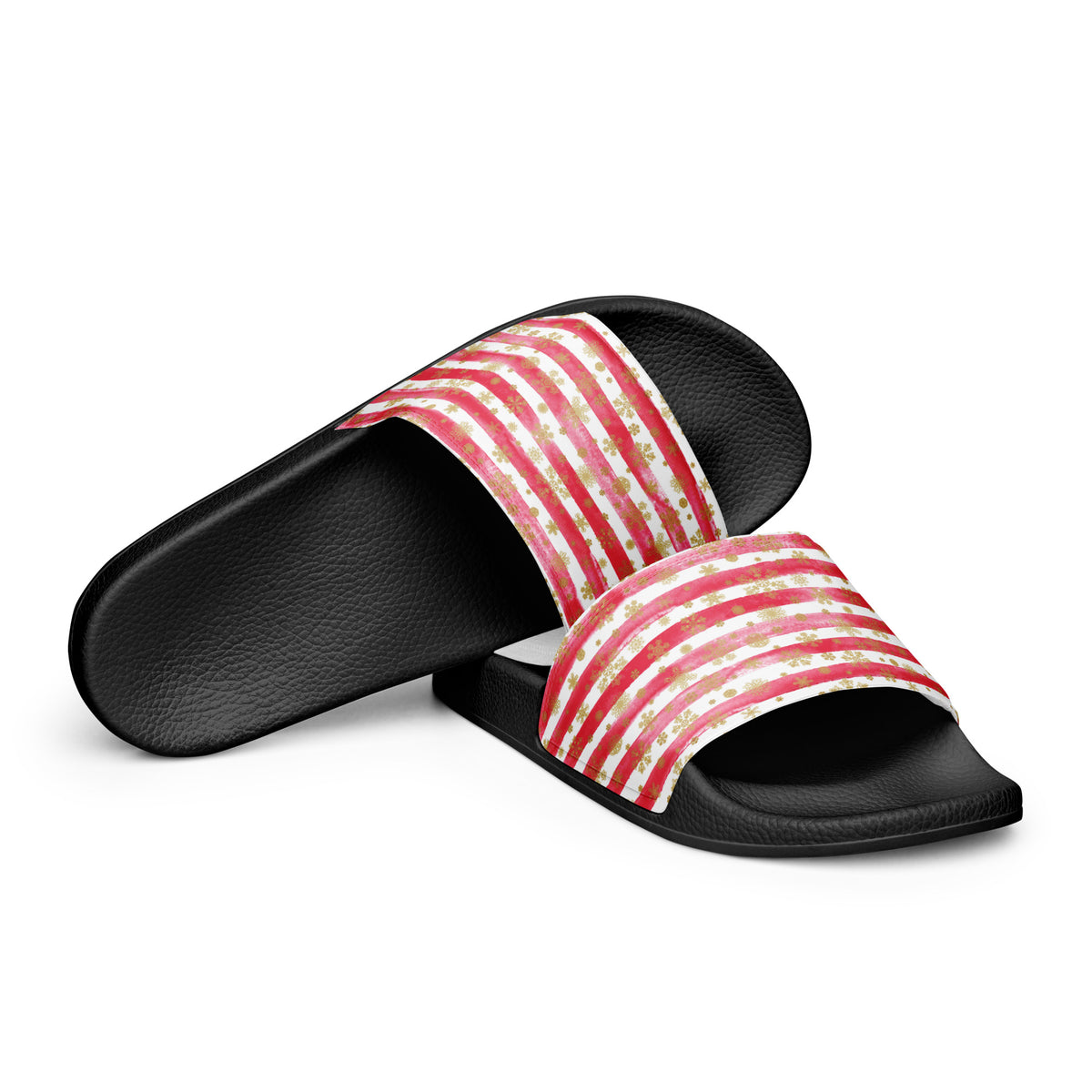 Peppermint Stripe Christmas Women's Slides – black strap, front view