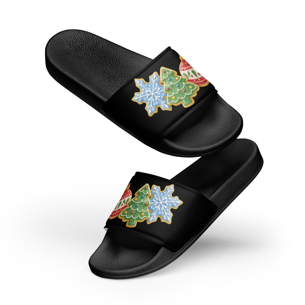 Vintage Christmas Ornaments Women's Slides – black strap, front view
