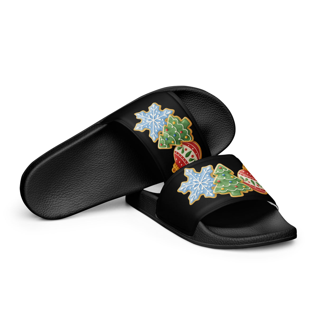Vintage Christmas Ornaments Women's Slides – black strap, front view