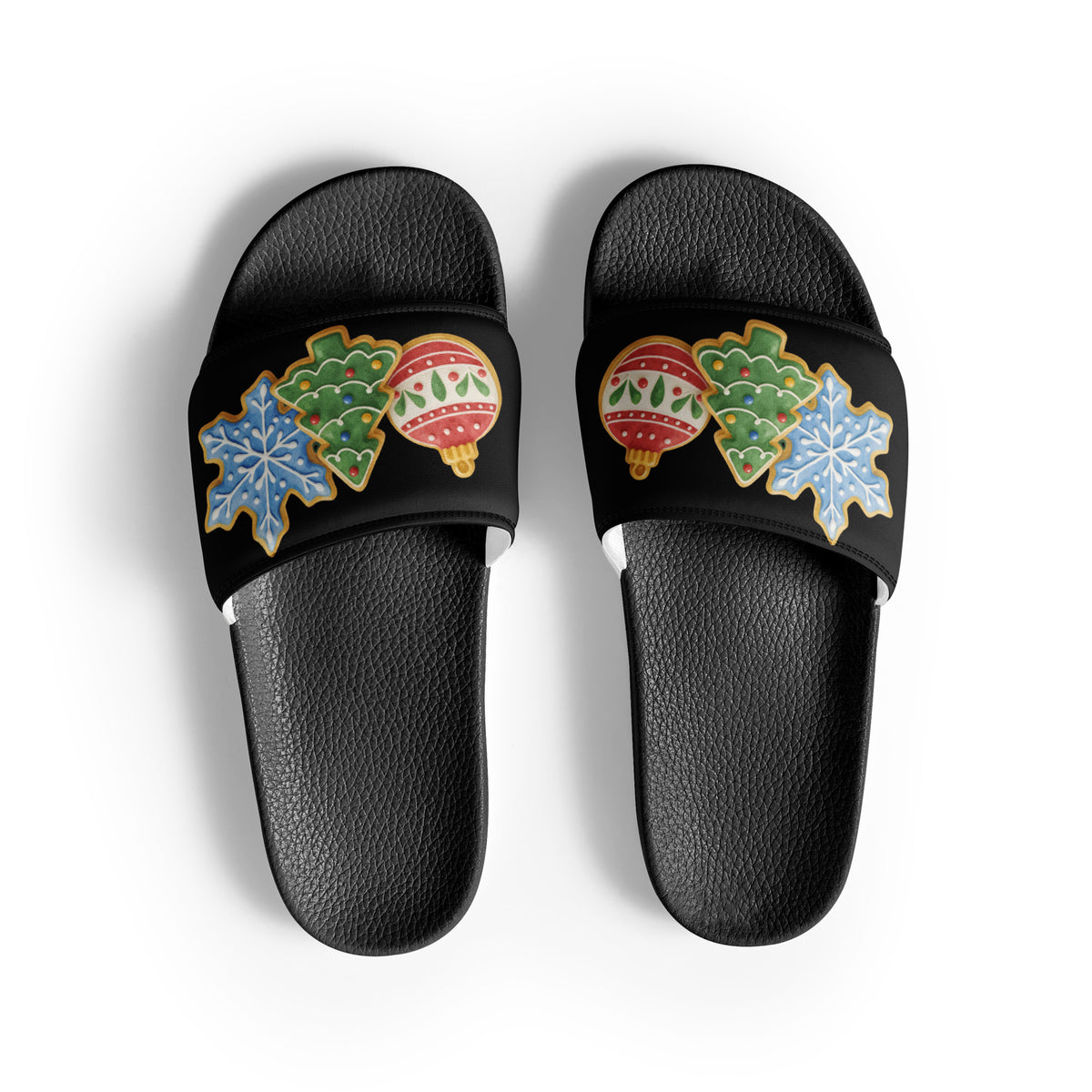 Vintage Christmas Ornaments Women's Slides – black strap, front view
