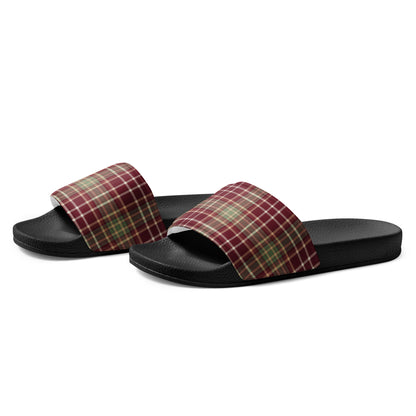 Cozy Holiday Plaid Christmas Women's Slides – black strap, left front view