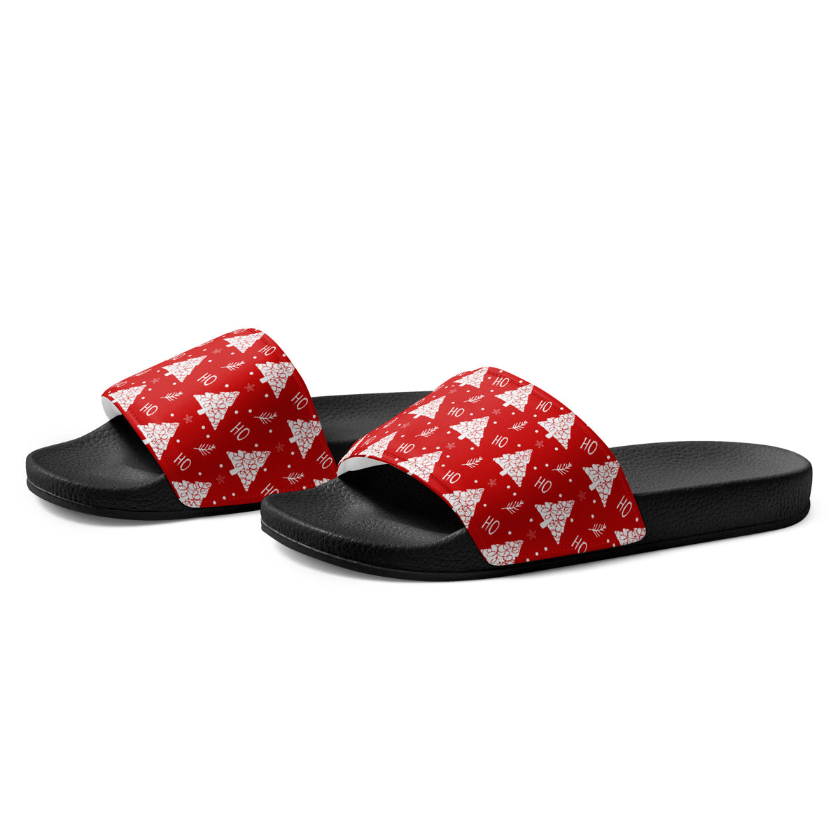 Red Christmas Tree Pattern Women's Slides – black strap, left front view