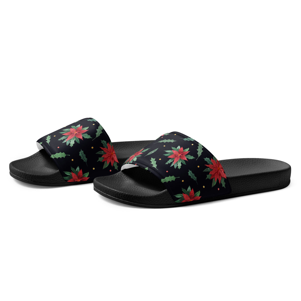 Midnight Poinsettia Christmas Women's Slides – black strap, left front view