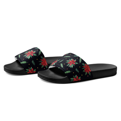 Midnight Poinsettia Christmas Women's Slides – black strap, left front view