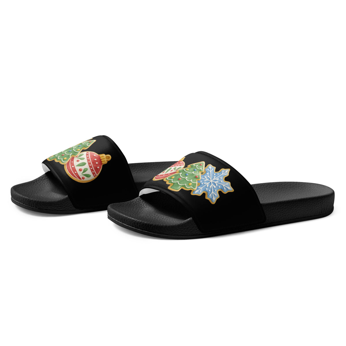 Vintage Christmas Ornaments Women's Slides – black strap, left front view