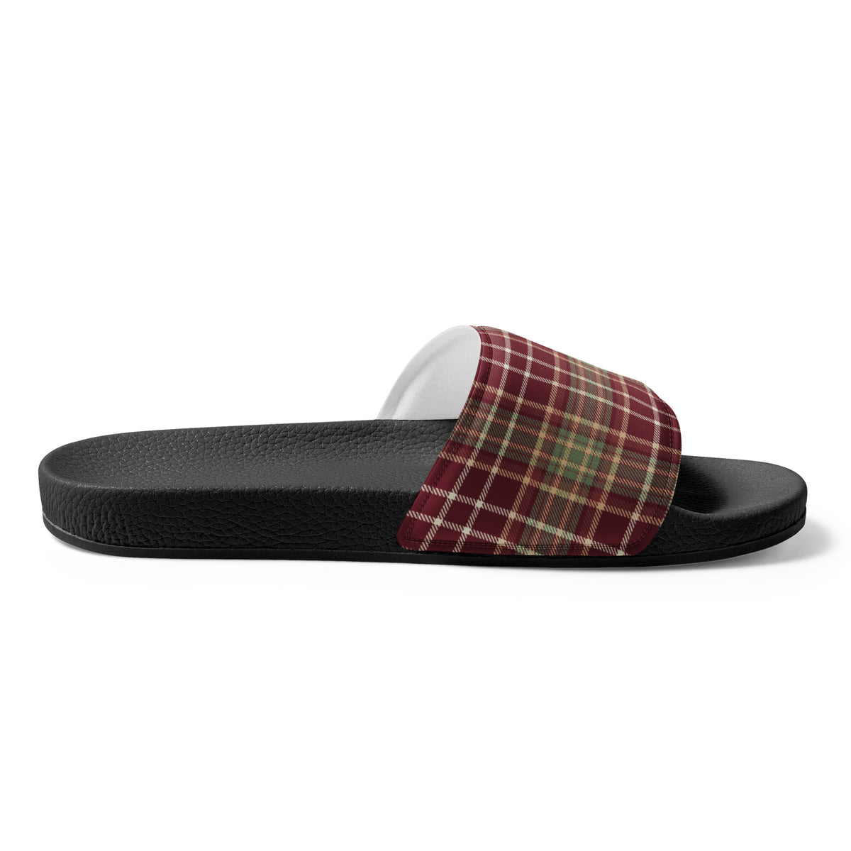 Cozy Holiday Plaid Christmas Women's Slides – black strap, left inside view
