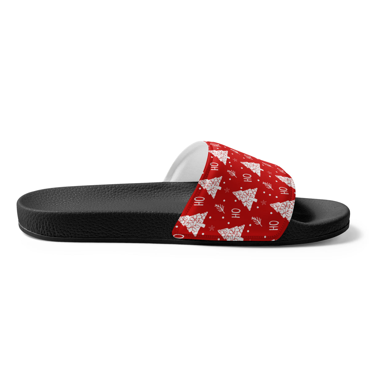Red Christmas Tree Pattern Women's Slides – black strap, left inside view