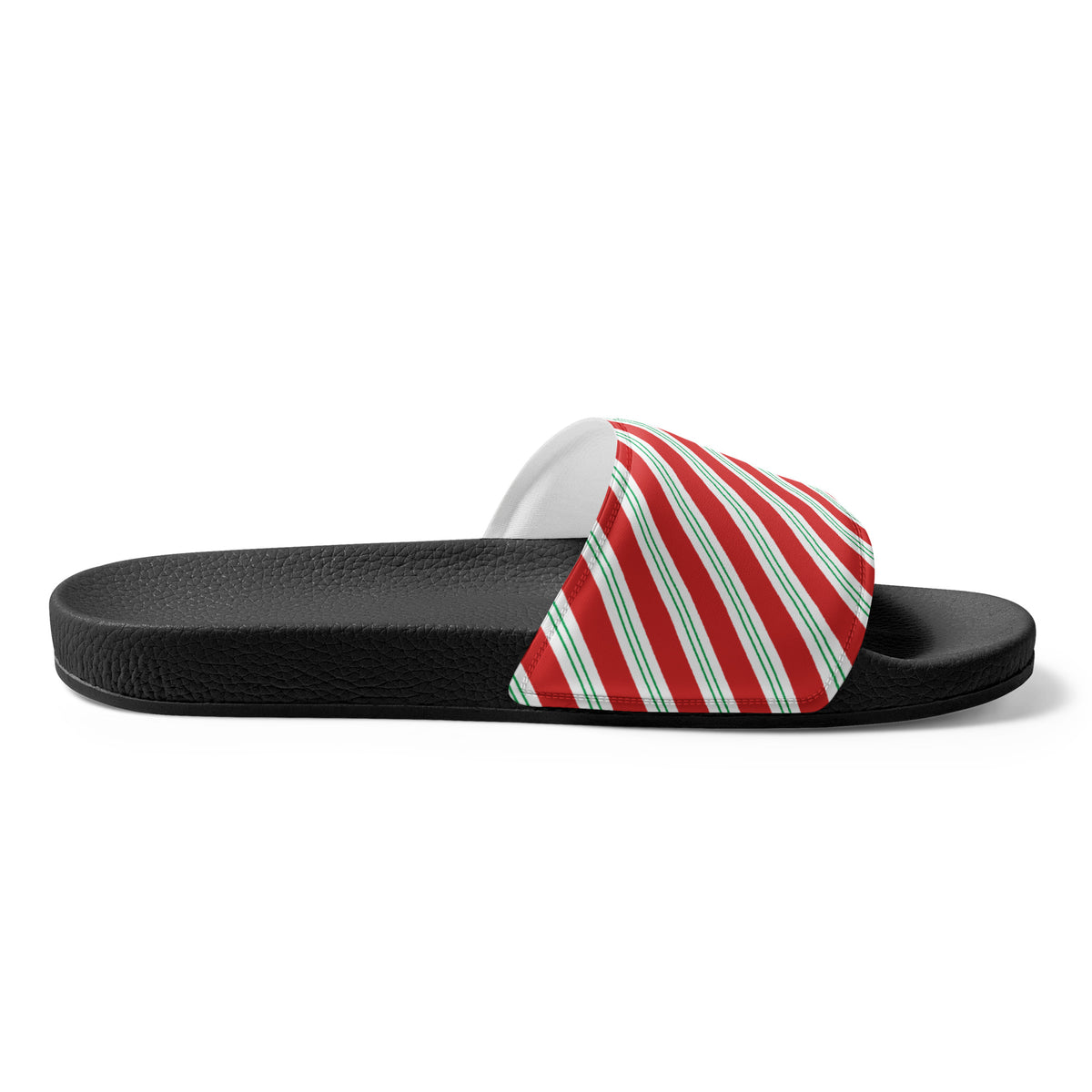 Candy Cane Diagonal Stripe Christmas Women's Slides – black strap, left inside view