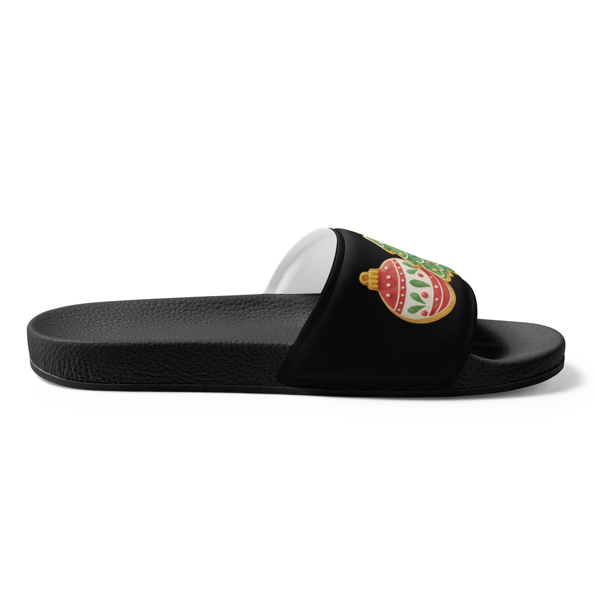 Vintage Christmas Ornaments Women's Slides – black strap, left inside view