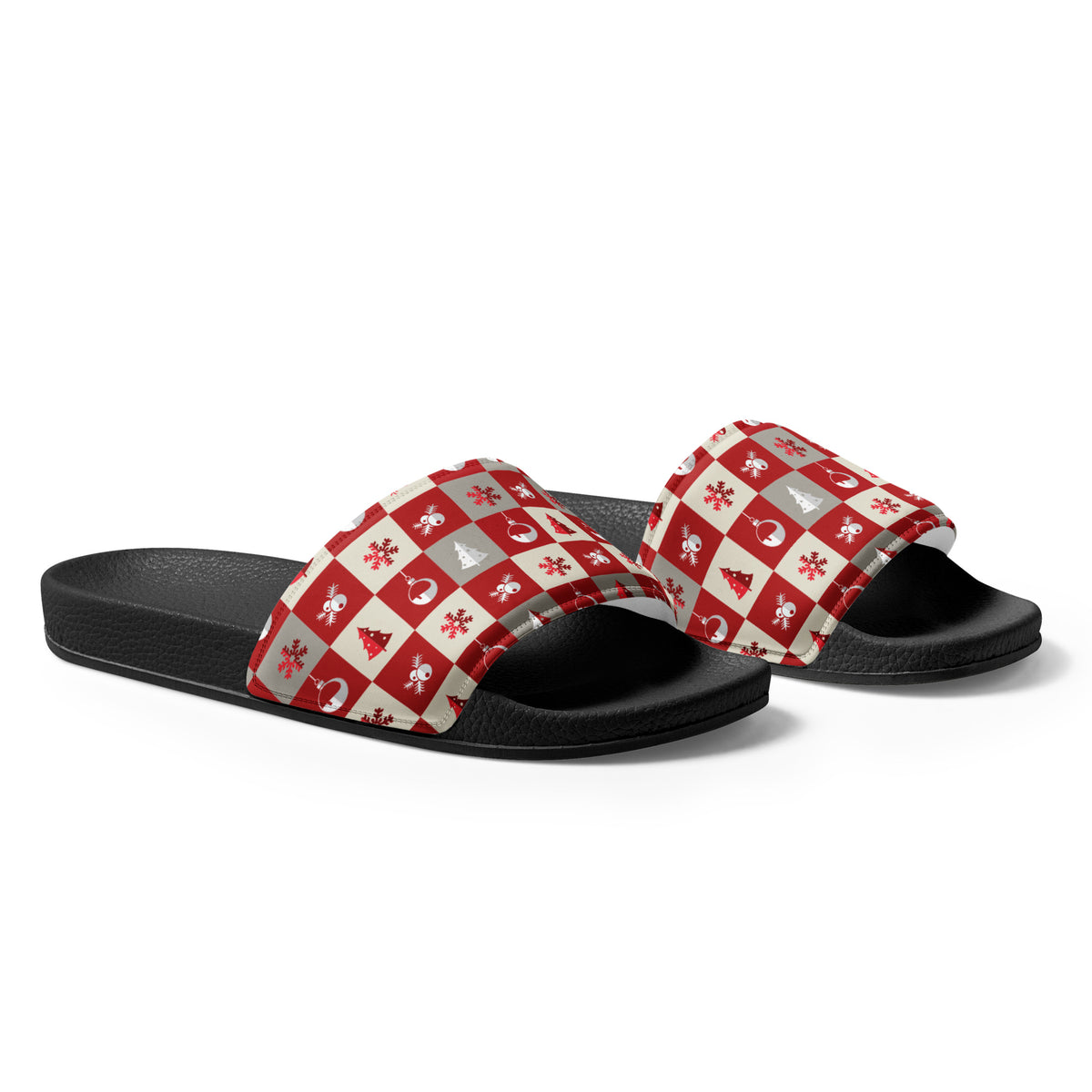 Red Nordic Snowflake Christmas Women's Slides – black strap, right front view