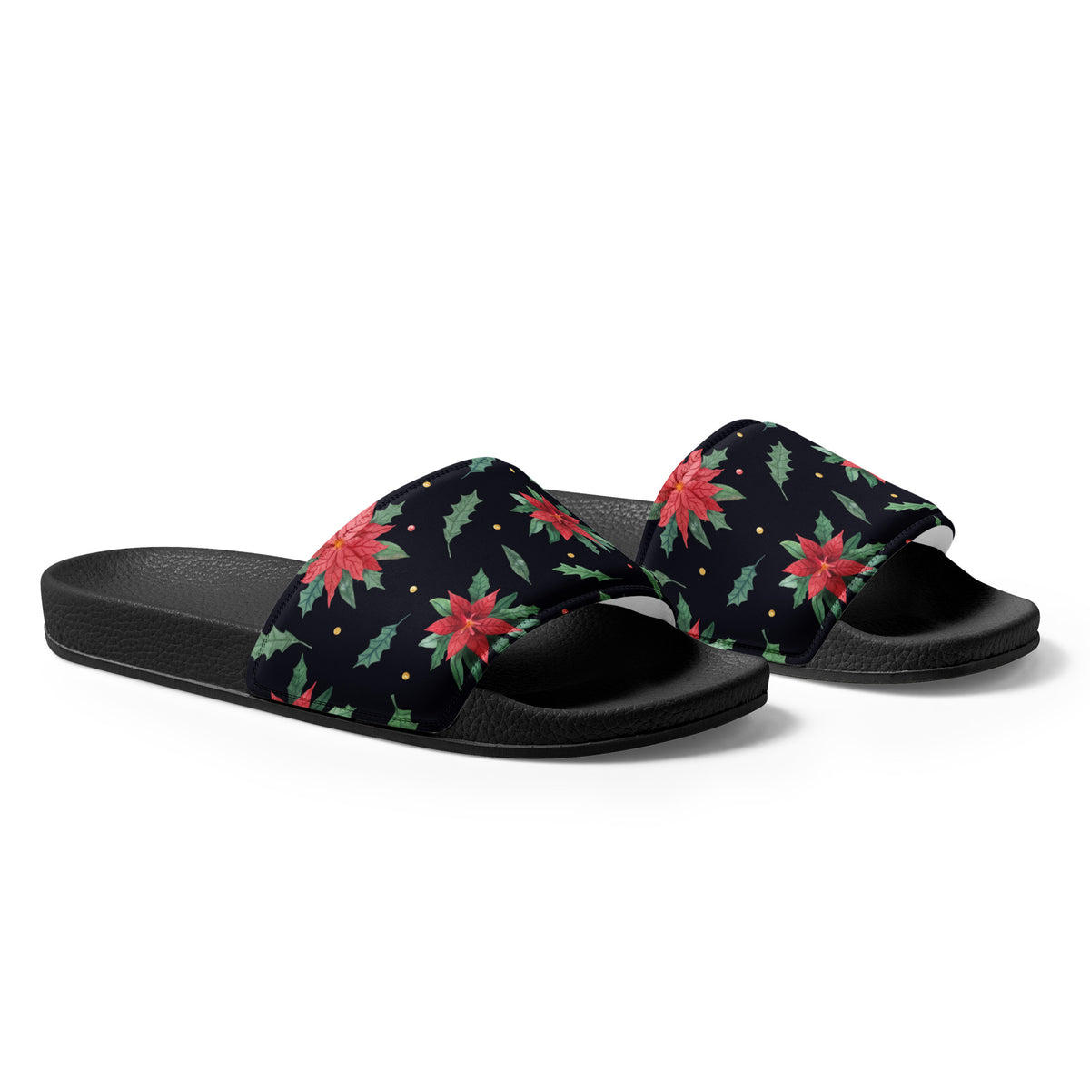 Midnight Poinsettia Christmas Women's Slides – black strap, right front view