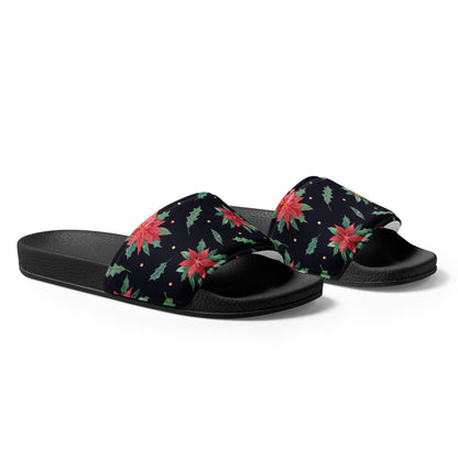Midnight Poinsettia Christmas Women's Slides – black strap, right front view