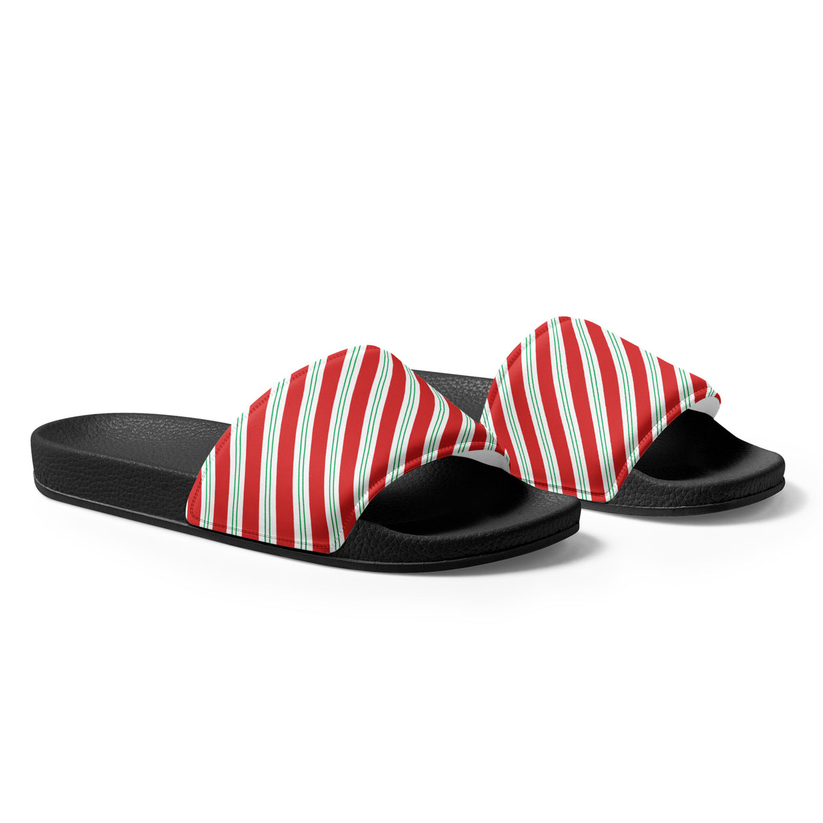 Candy Cane Diagonal Stripe Christmas Women's Slides – black strap, right front view
