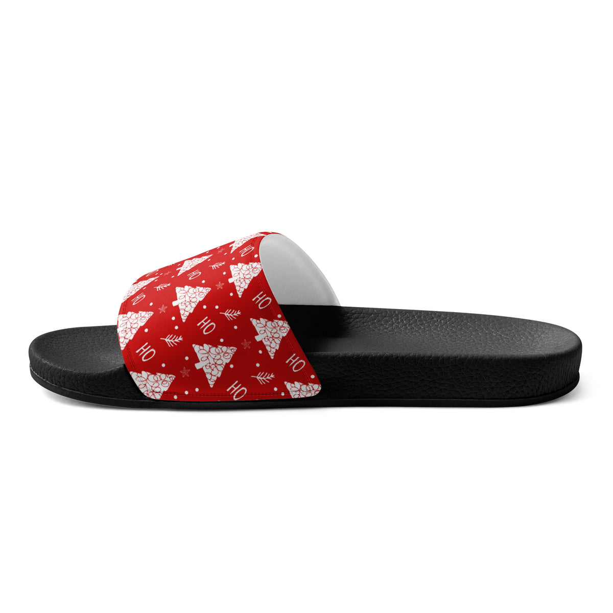 Red Christmas Tree Pattern Women's Slides – black strap, right inside view