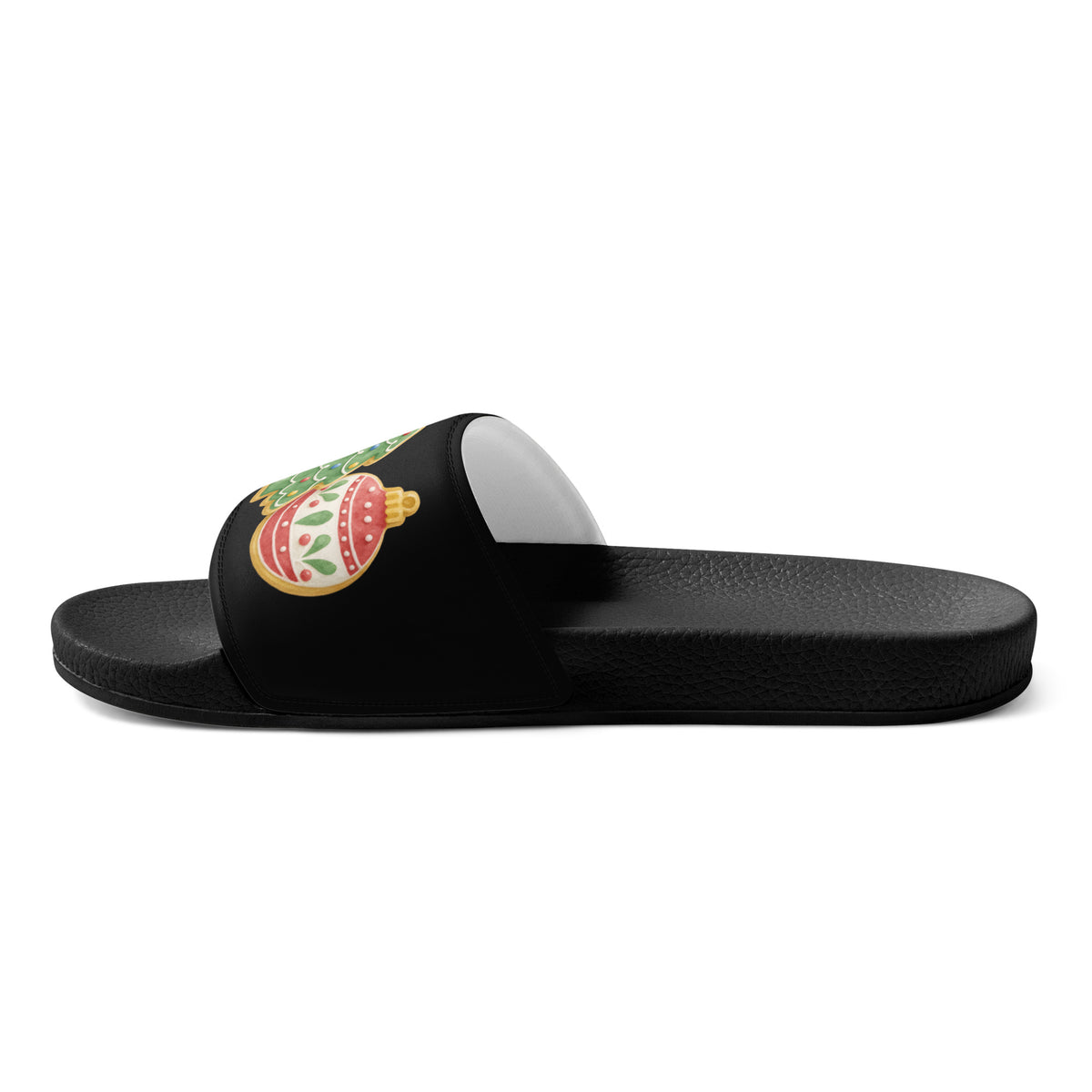 Vintage Christmas Ornaments Women's Slides – black strap, right inside view
