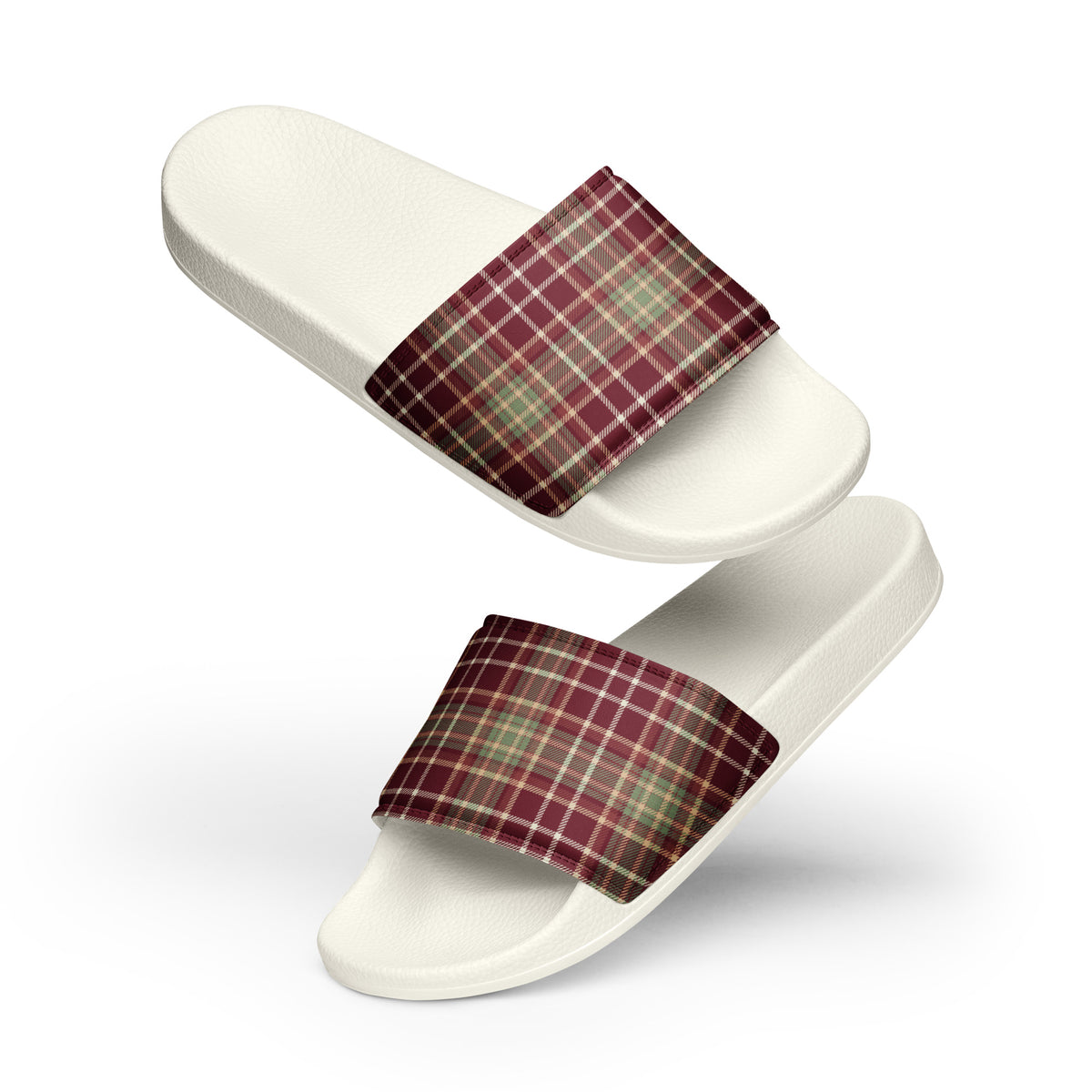 Cozy Holiday Plaid Christmas Women's Slides – white strap, front view