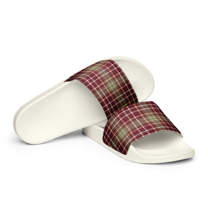 Cozy Holiday Plaid Christmas Women's Slides – white strap, front view