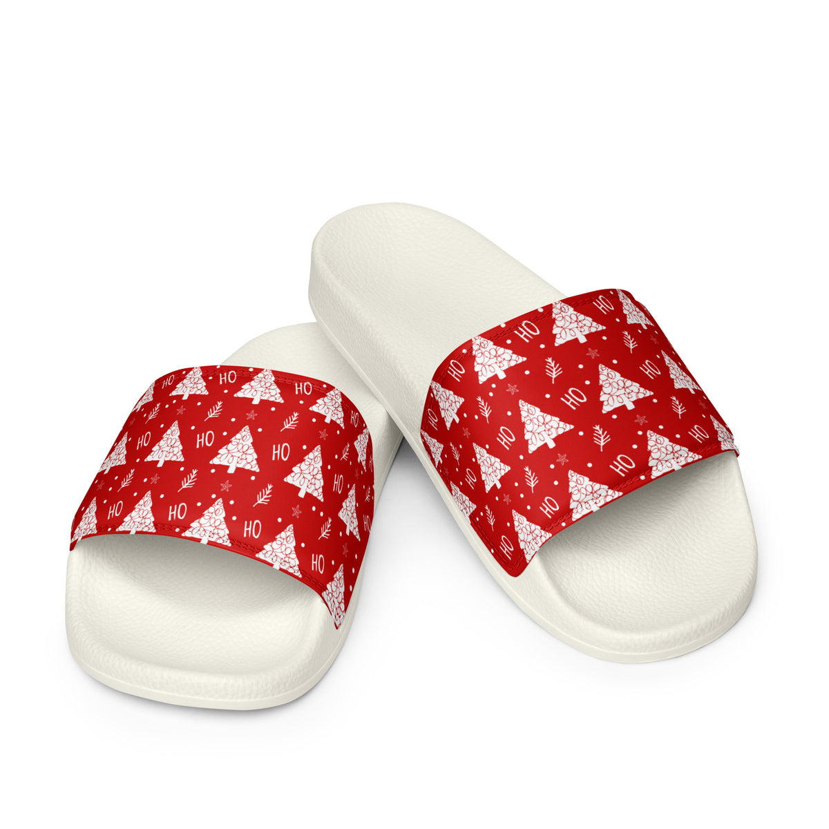 Red Christmas Tree Pattern Women's Slides – white strap, front view