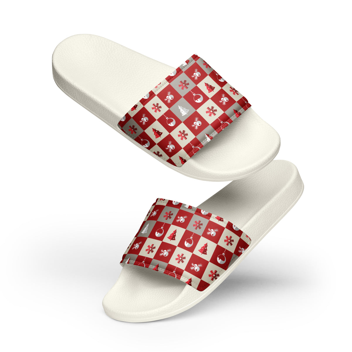 Red Nordic Snowflake Christmas Women's Slides – white strap, front view