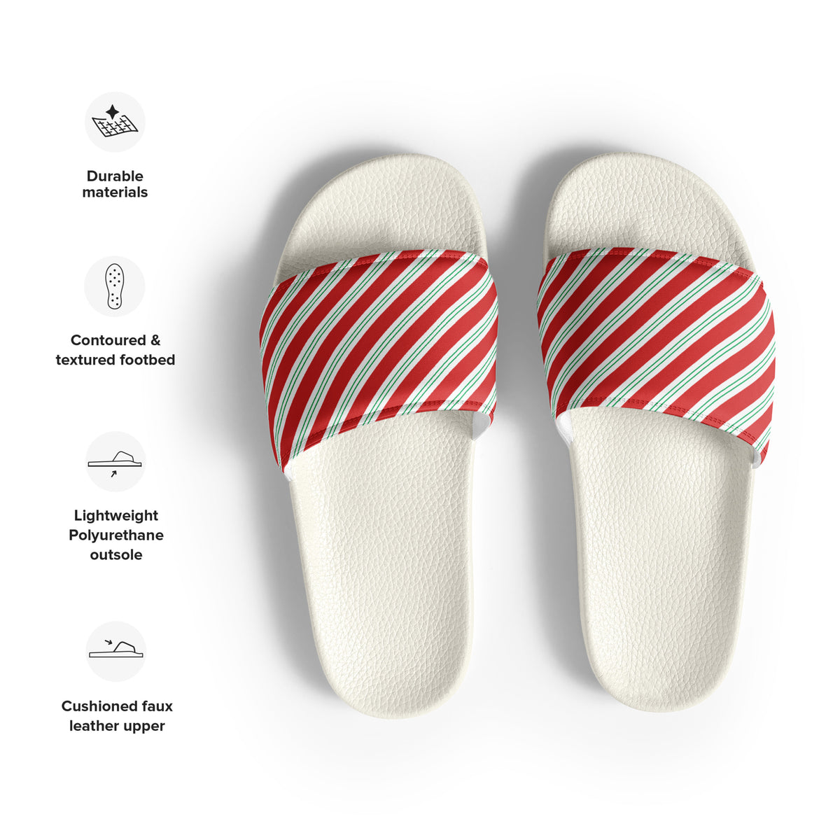 Candy Cane Diagonal Stripe Christmas Women's Slides – white strap, front view