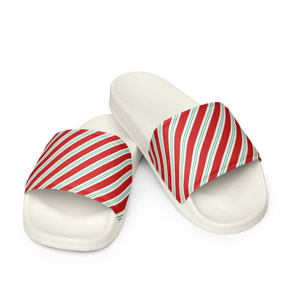 Candy Cane Diagonal Stripe Christmas Women's Slides – white strap, front view
