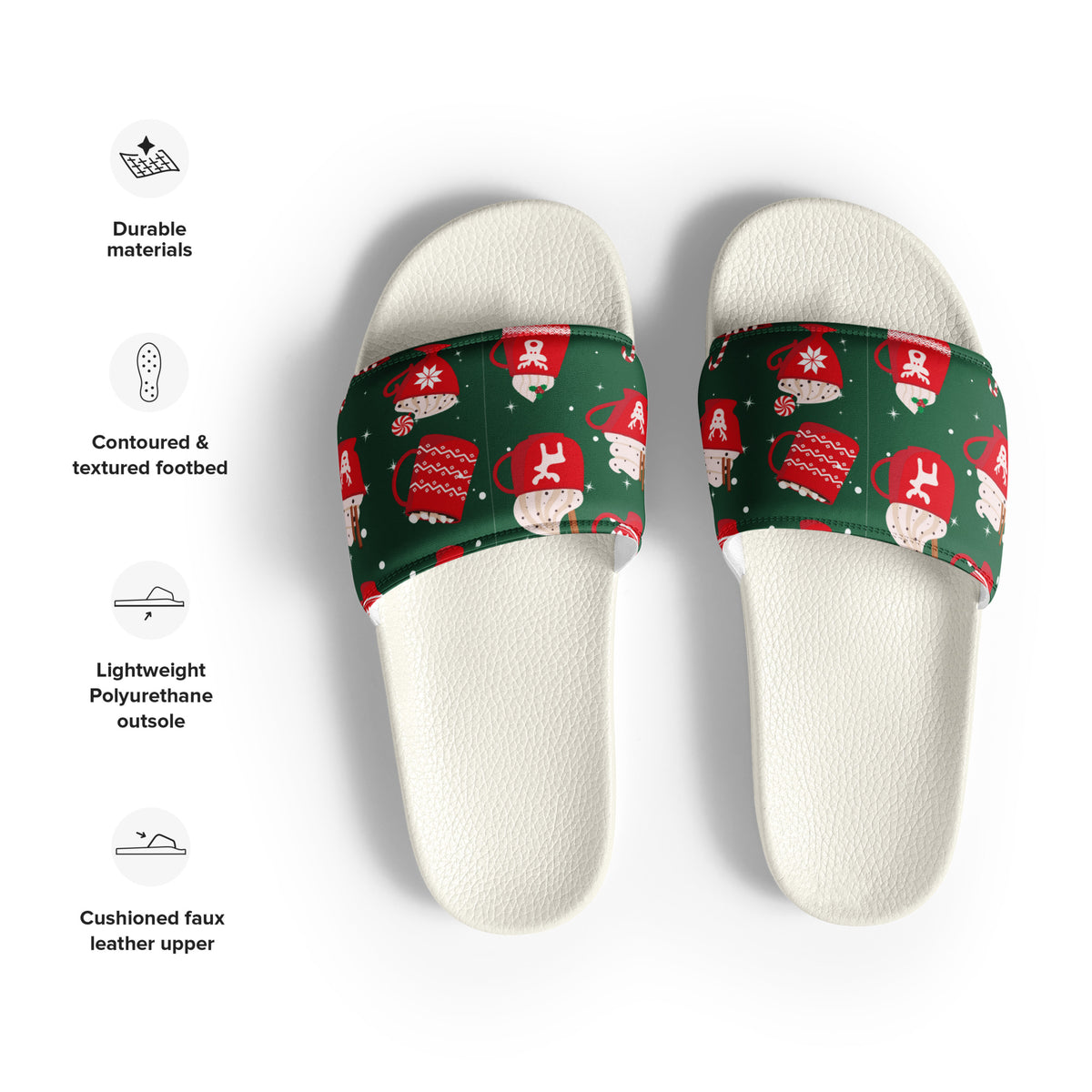 Green & Red Christmas Gifts Women's Slides – white strap, front view