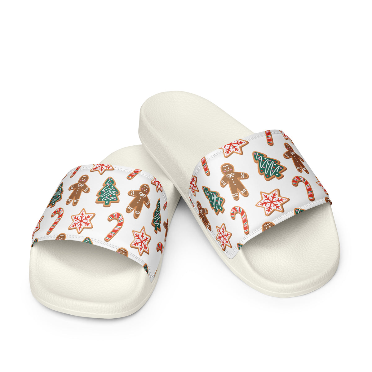 Gingerbread Cookies Christmas Women's Slides – white strap, front view