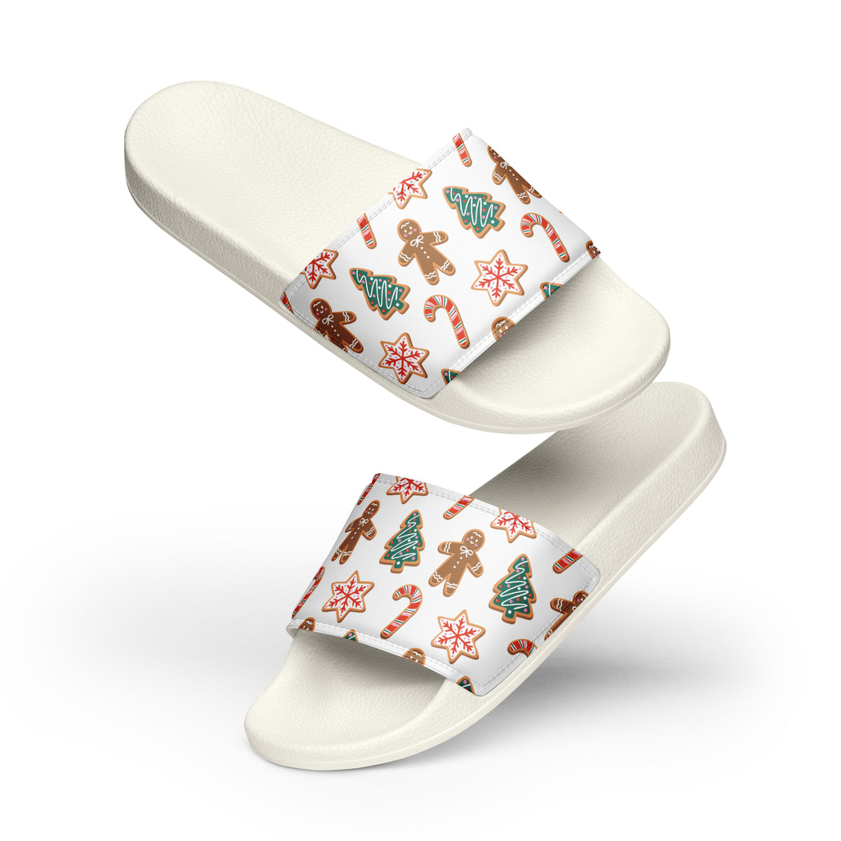 Gingerbread Cookies Christmas Women's Slides – white strap, front view