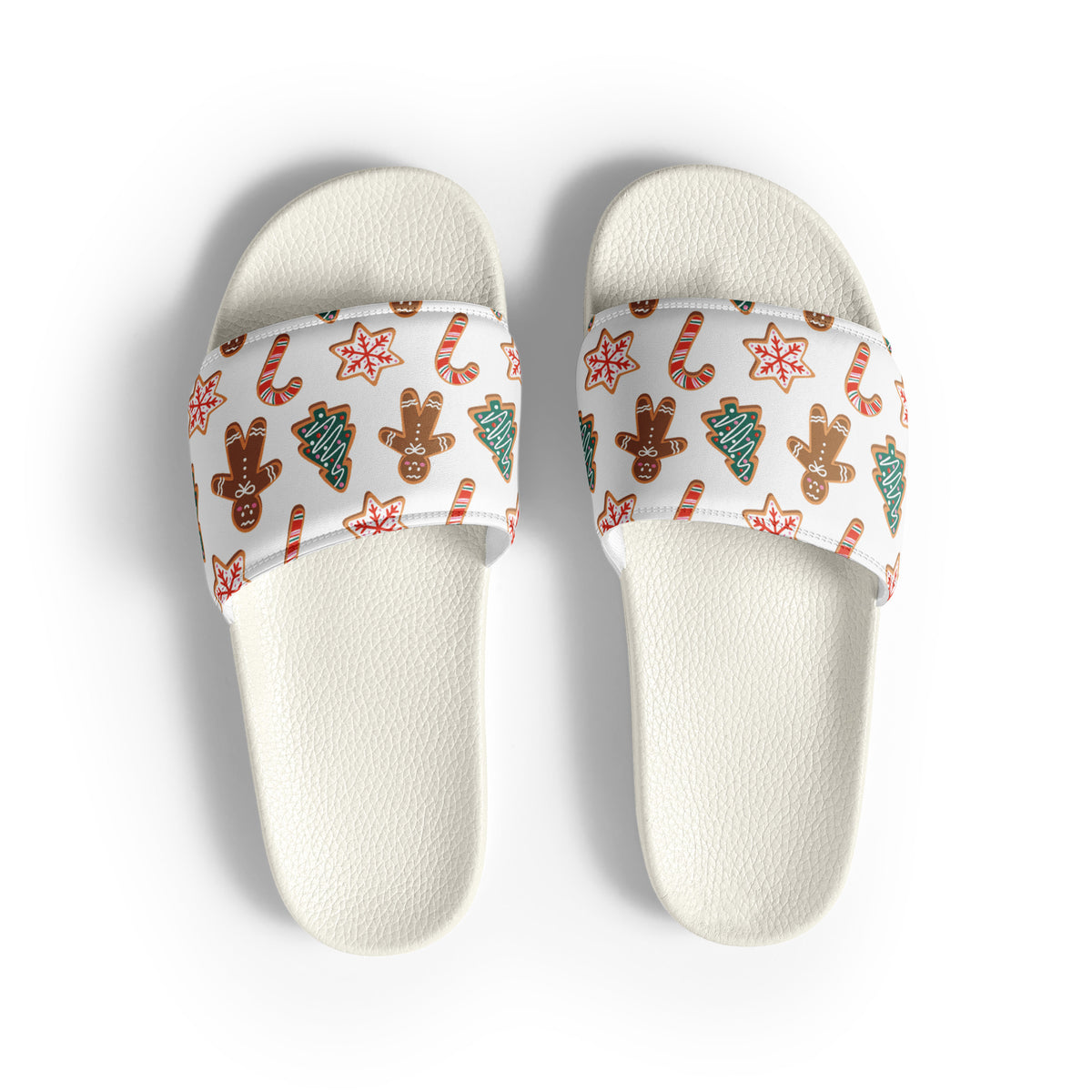 Gingerbread Cookies Christmas Women's Slides – white strap, front view