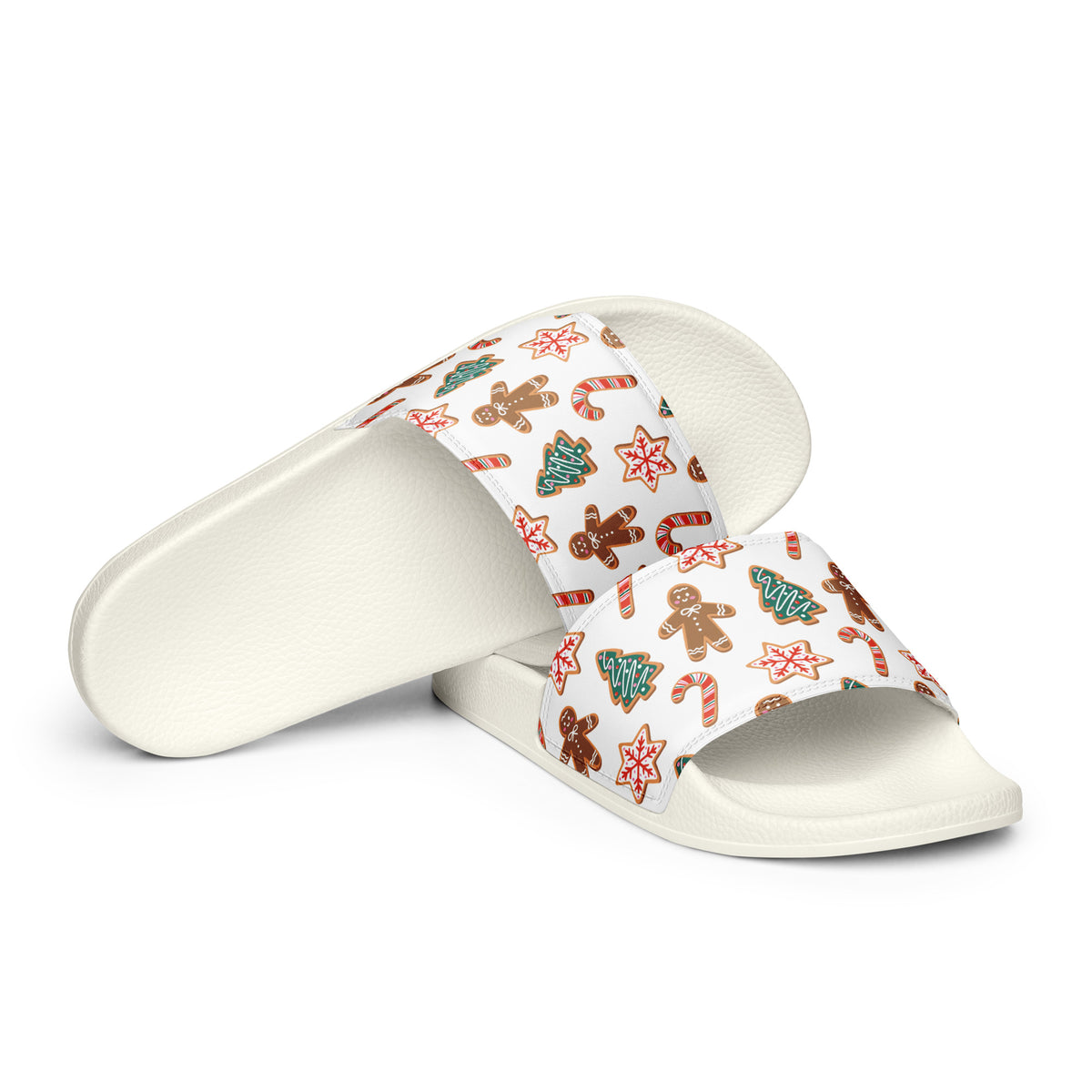 Gingerbread Cookies Christmas Women's Slides – white strap, front view