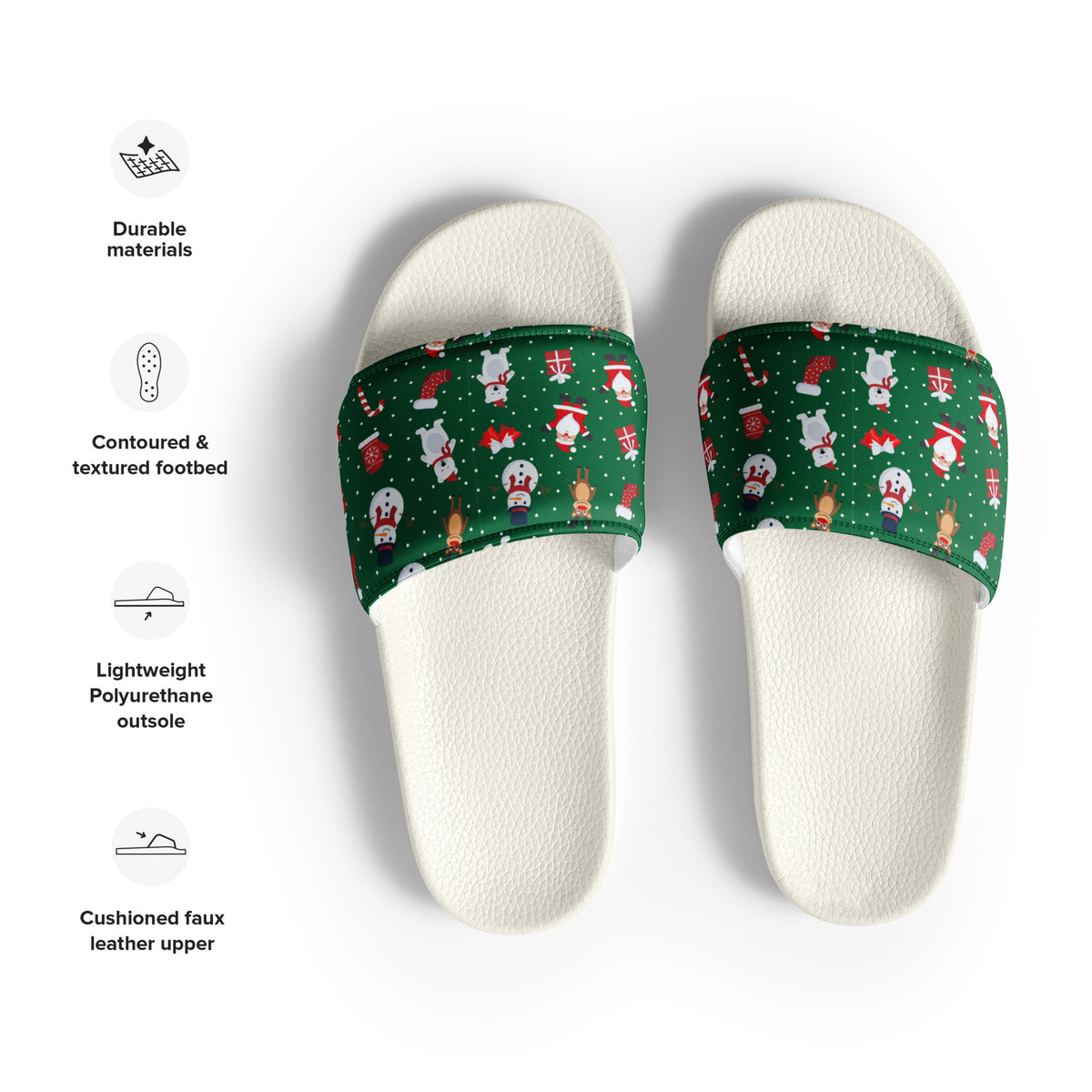 Evergreen Christmas Pattern Women's Slides – white strap, front view