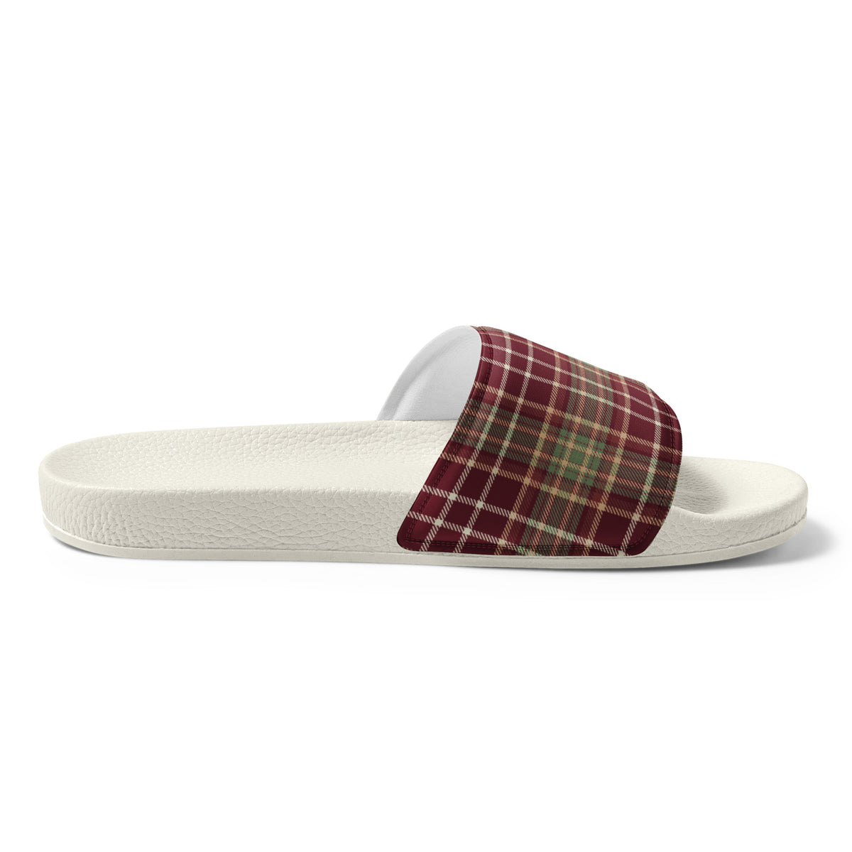 Cozy Holiday Plaid Christmas Women's Slides – white strap, left inside view