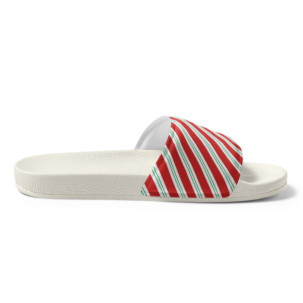 Candy Cane Diagonal Stripe Christmas Women's Slides – white strap, left inside view