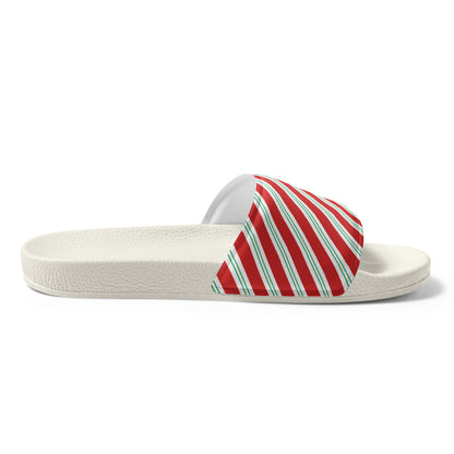 Candy Cane Diagonal Stripe Christmas Women's Slides – white strap, left inside view