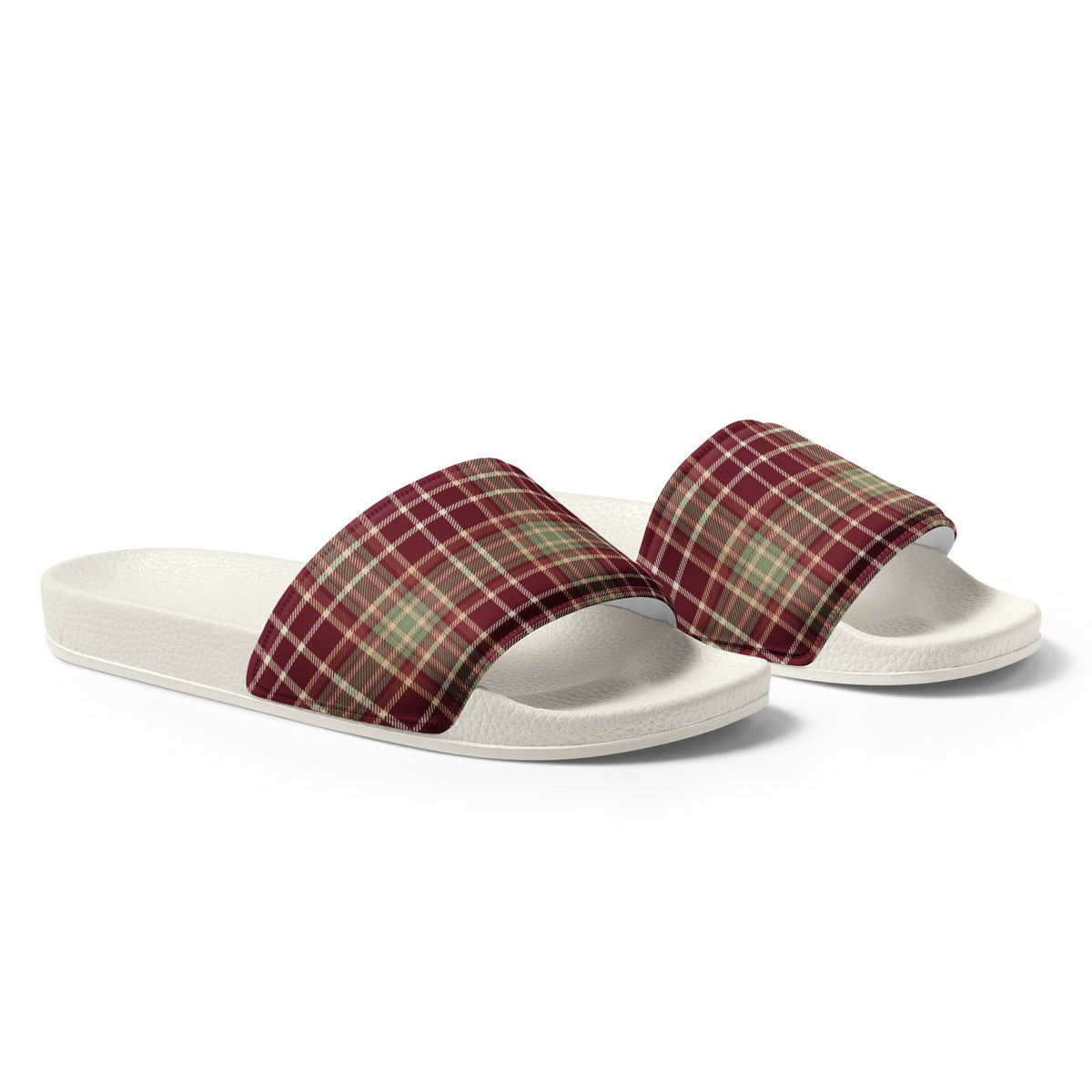 Cozy Holiday Plaid Christmas Women's Slides – white strap, right front view
