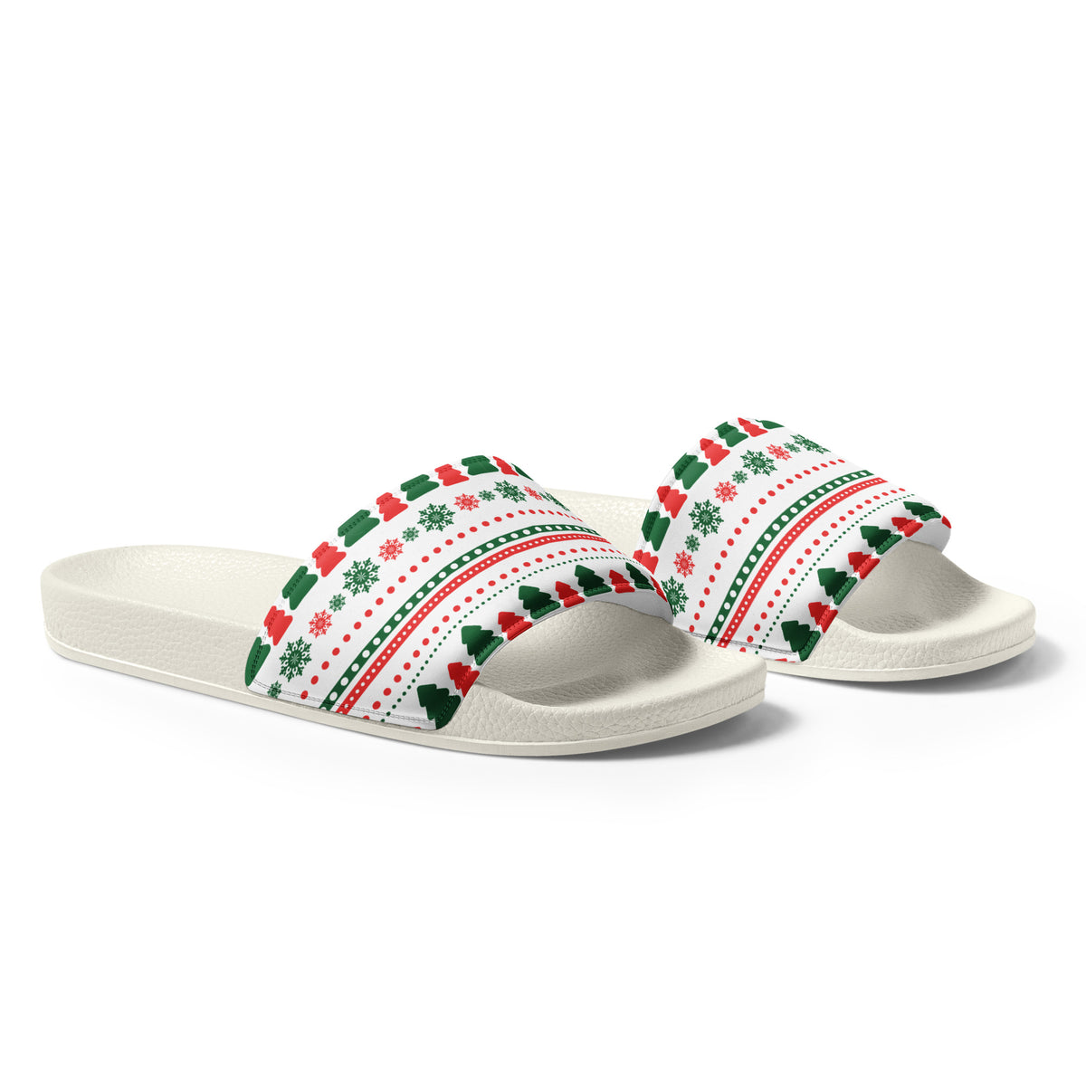 Fair Isle Knit Christmas Women's Slides – white strap, right front view