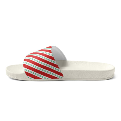 Candy Cane Diagonal Stripe Christmas Women's Slides – white strap, right inside view