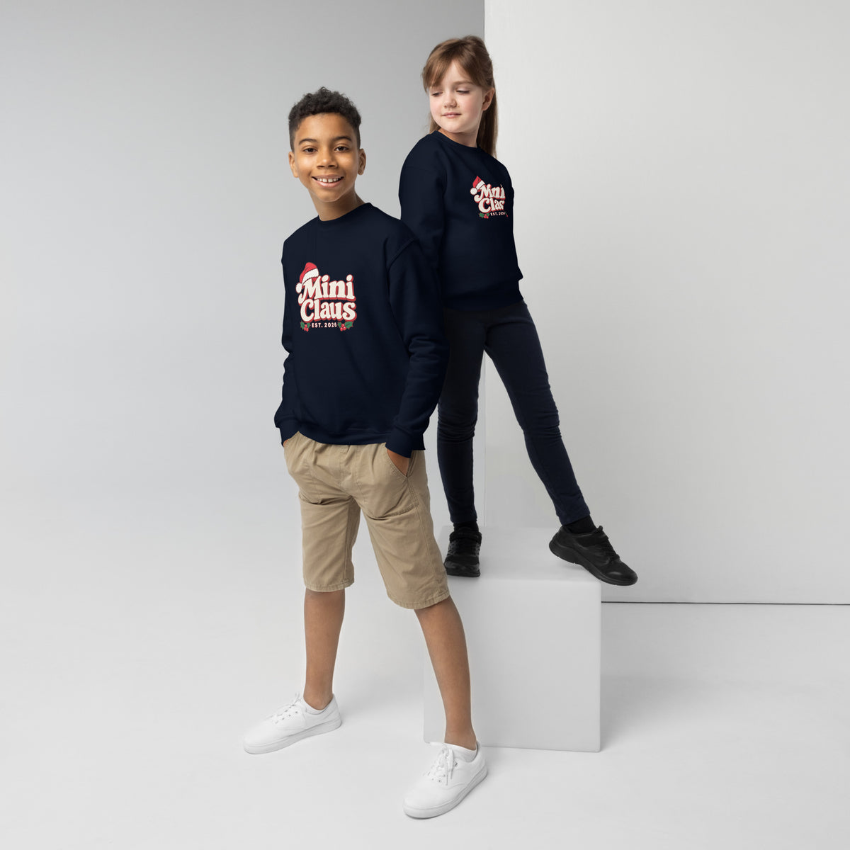 Mini Claus Kids Christmas Sweatshirt – Navy, front view