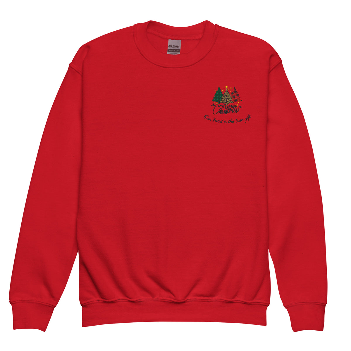 Red kids Christmas sweatshirt with embroidered Merry Christmas trees – Our Bond Is the True Gift