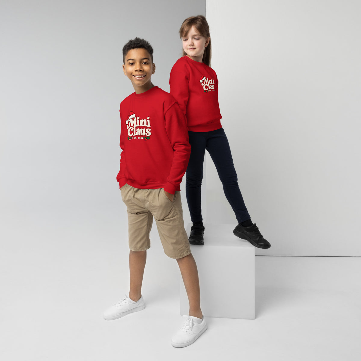 Mini Claus Kids Christmas Sweatshirt – Red, front view