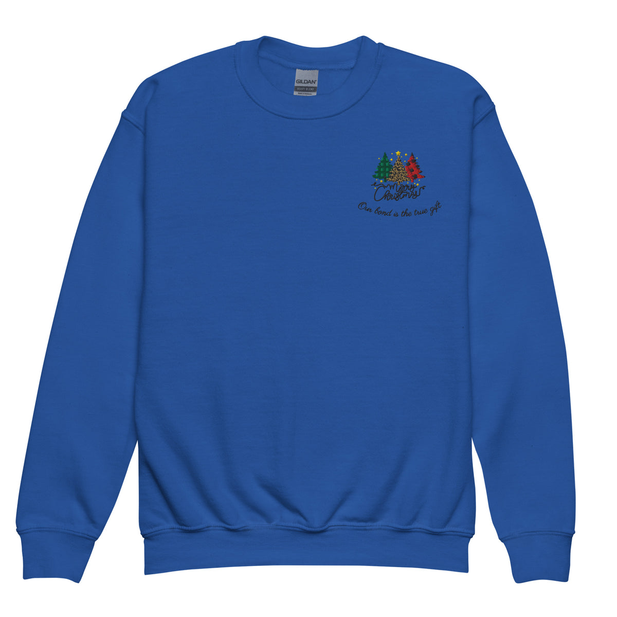 Royal blue kids Christmas sweatshirt with embroidered Christmas trees