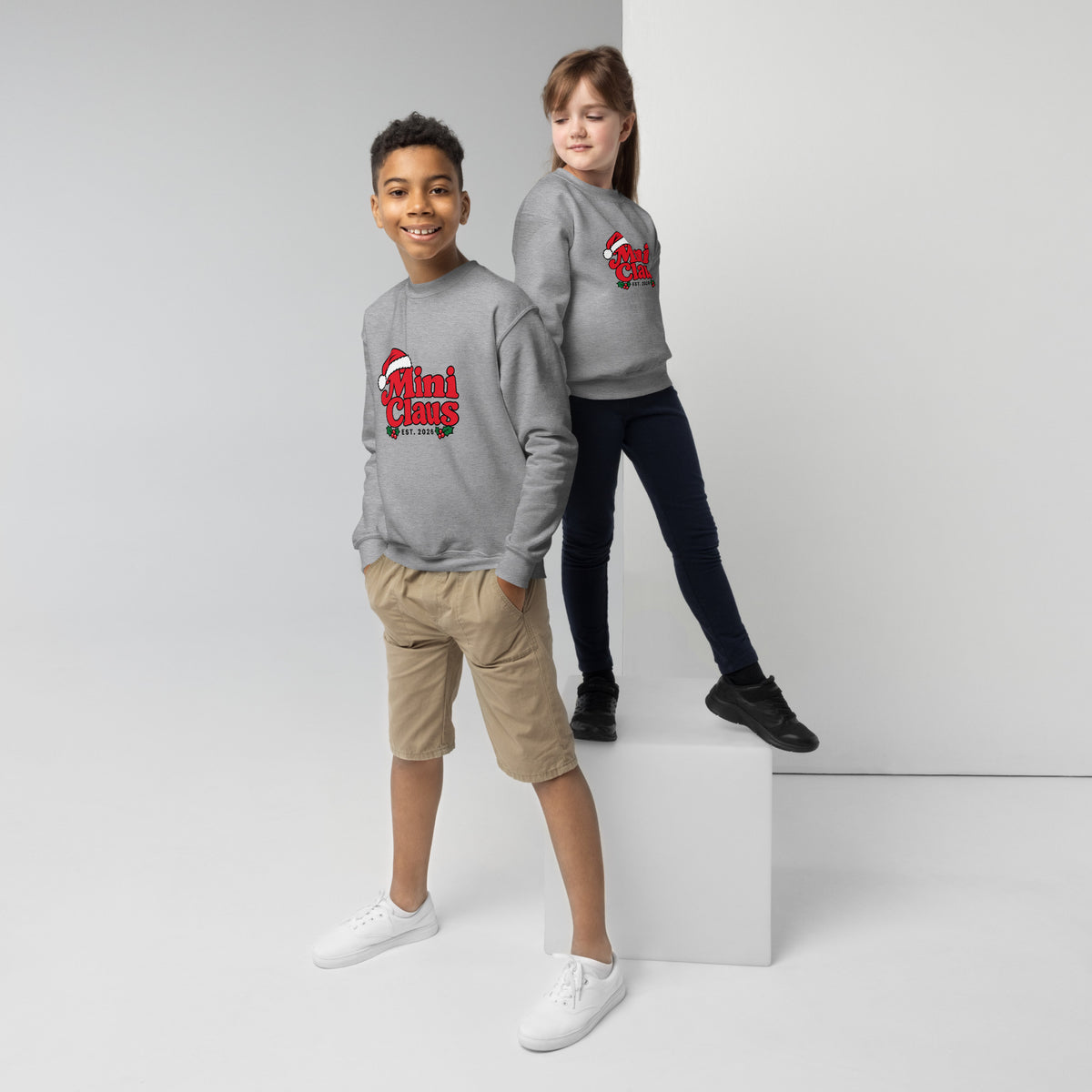 Mini Claus Kids Christmas Sweatshirt – Sport Grey, front view
