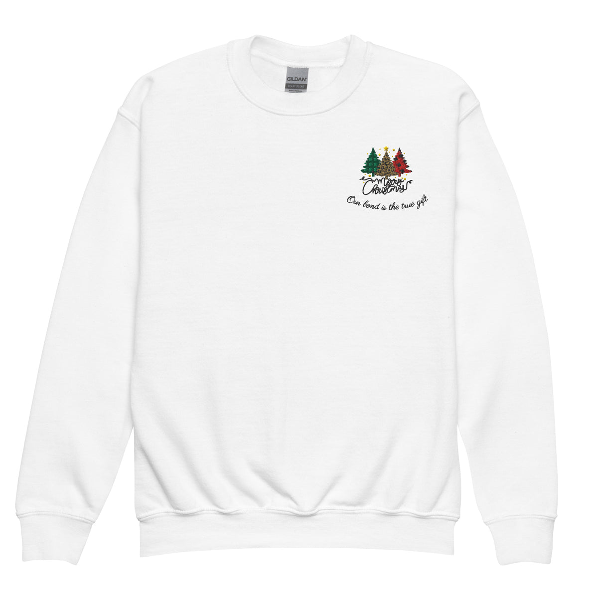 White kids Christmas sweatshirt with embroidered Christmas trees
