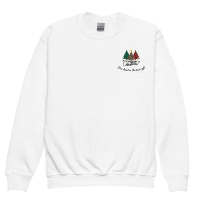 White kids Christmas sweatshirt with embroidered Christmas trees