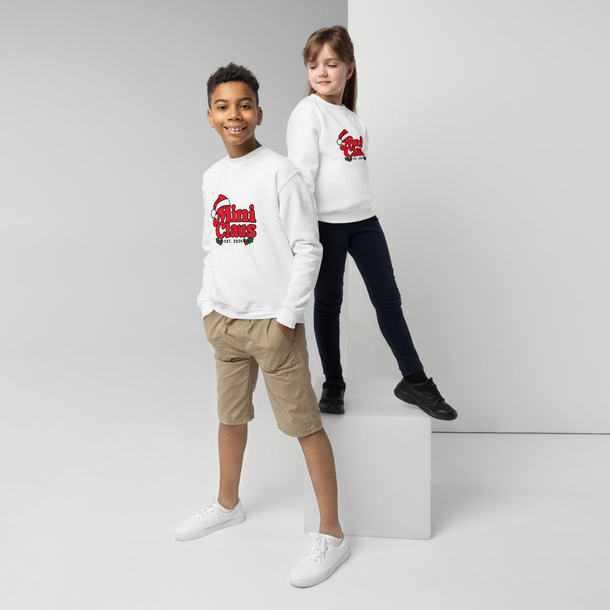 Mini Claus Kids Christmas Sweatshirt – White, front view